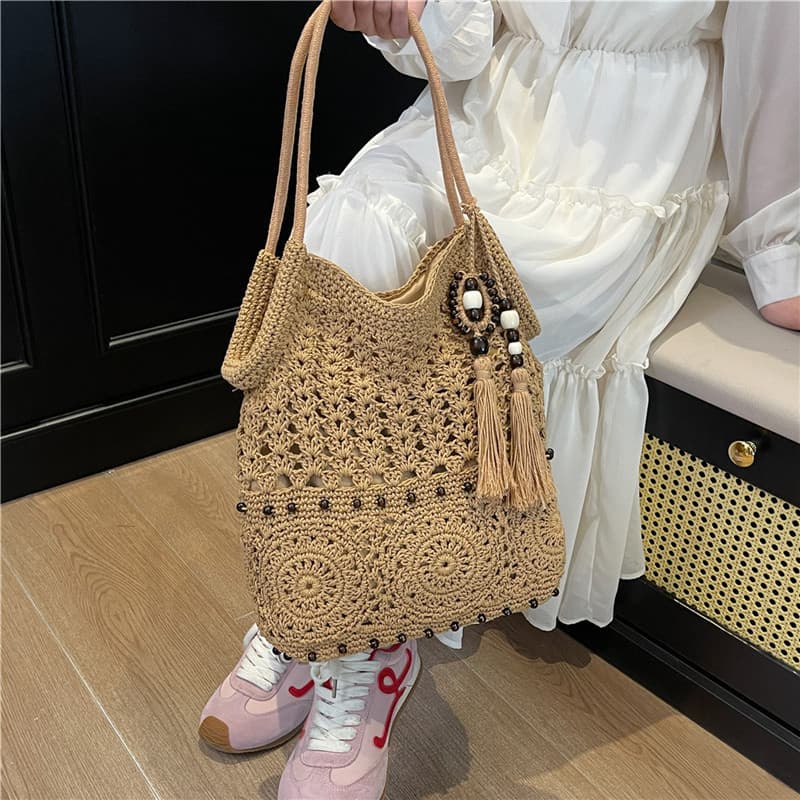 Cotton Thread Bohemian Handmade Beach Tote Bag Underarm Seaside Woven Bag Women's Single Shoulder Vacation Casual White
