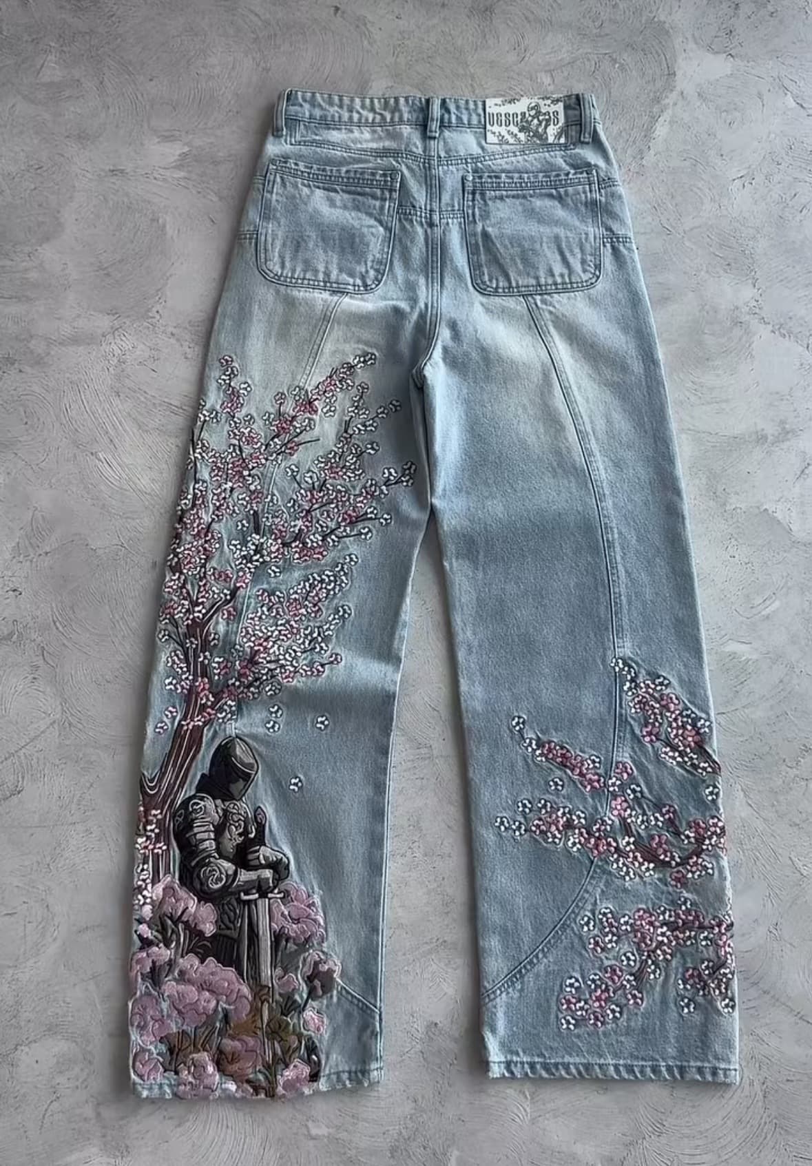 derschutze European and American Retro Plum Blossom Embroidery Straight-Leg Jeans Unisex Versatile Street Style Denim Pants for Cross-Border
