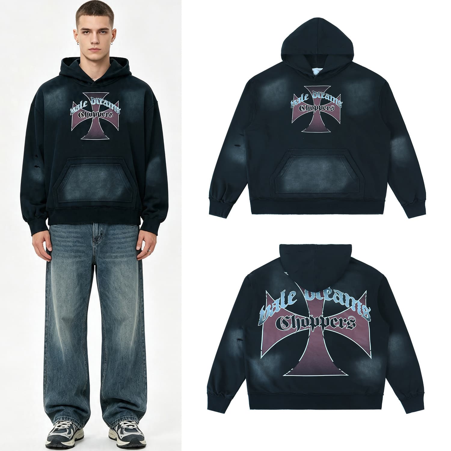 Cross Gothic letter val double-sided printed hoodie American high street retro distressed washed loose hooded sweatshirt