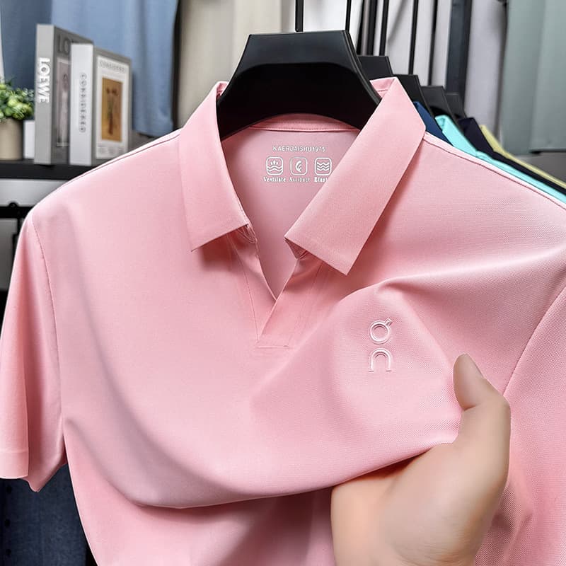 Ice Silk Short Sleeve Men's T-Shirt - Summer Light Luxury High-End Fashion Men's V-Neck Seamless Stretch Polo Shirt