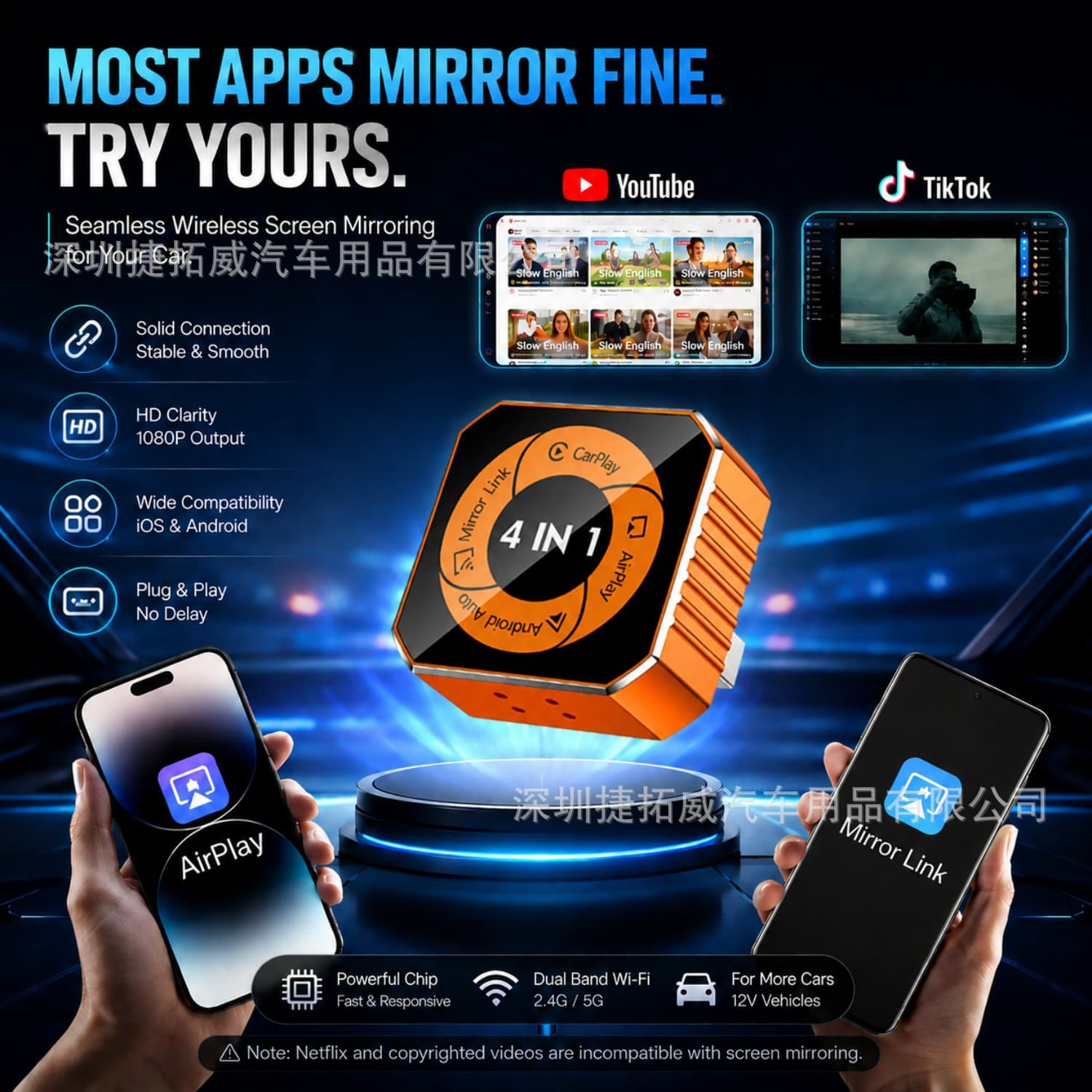 Cross-Border In-Car Wired-to-Wireless CarPlay Box, Four-in-One Car Interconnection Box, Apple Android Auto Box