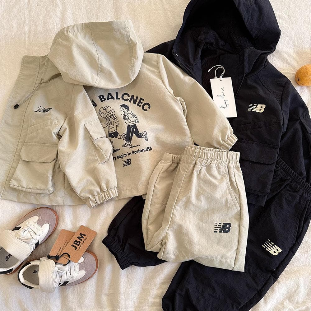 Children's Hooded Windbreaker Set for Boys, Spring/Autumn Toddler Workwear Jacket with Letter Print, Two-Piece Set for Girls, Stylish