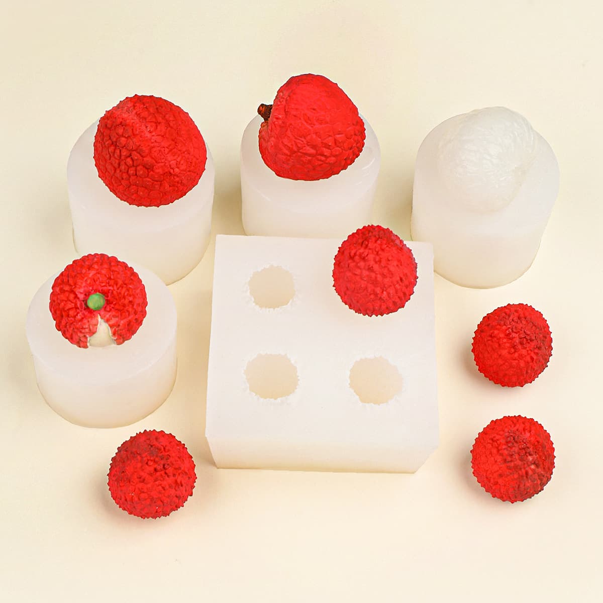 4-Piece Lychee Simulation 3D Fruit Mousse Chocolate Cake Decoration Silicone Mold Squishy Resin Ornament