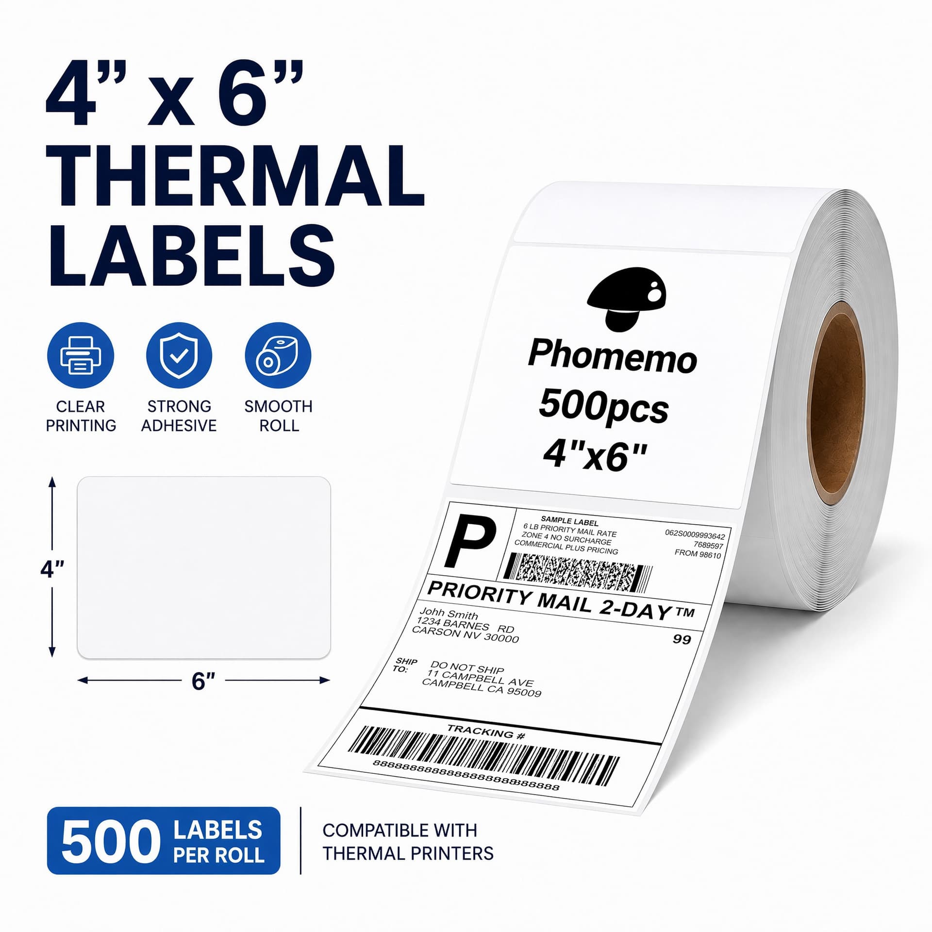4x6 Inch 500 Sheets Thermal Label Paper for Address, Barcode, Small Business Labels, Warehouse