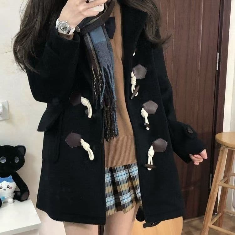 2025 Coat Women Winter Petite Preppy Style Korean Version Mid-Long Toggle Button Wool Coat Women Hooded