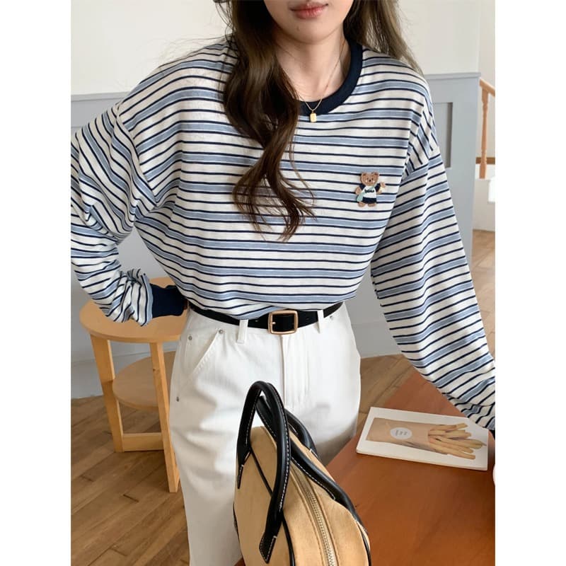 3th Morning new autumn style relaxed striped bear patch T-shirt base layer ZY4387