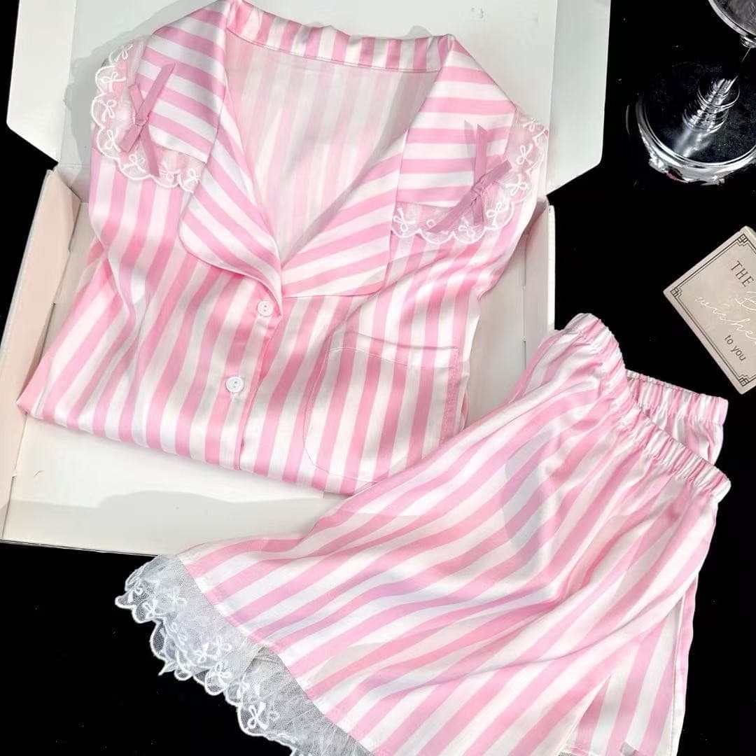 YL097 2026 Summer New Short Sleeve Shorts Striped Lace Sweet Homewear