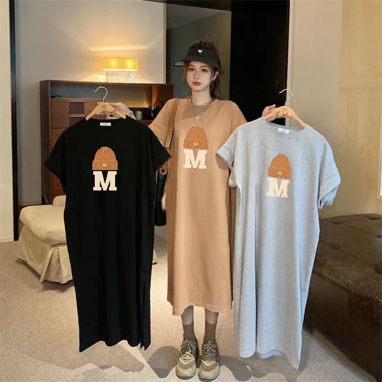Plus size women's summer casual slimming side slits over the knee long short-sleeved T-shirt casual dress women cover the flesh