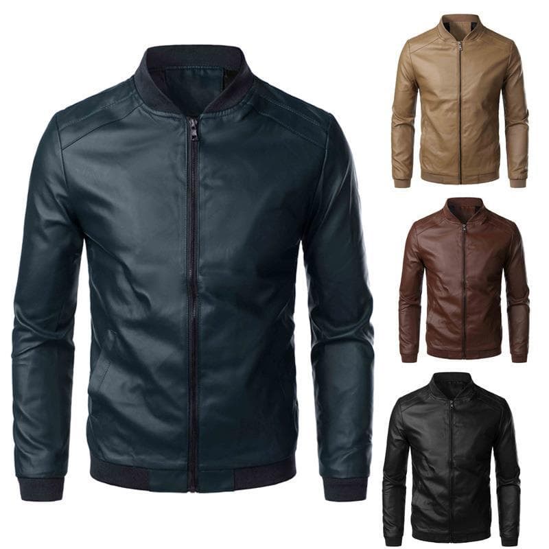 Men's leather jacket, spring and autumn hot-selling leather jacket, fashionable and trendy motorcycle style, Korean style, slim fit, PU leather stand collar coat, men's clothing.