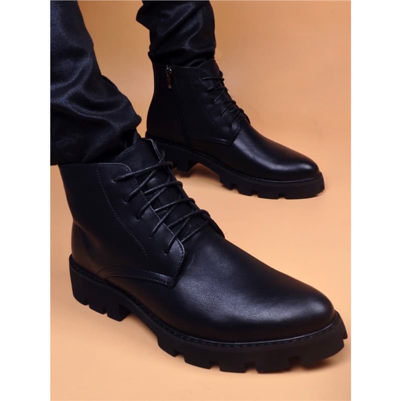 Martin Boots Men's Autumn Winter Mid-Top Fleece-Lined Warm Cotton Boots Korean Style Trendy Short Leather Boots High-Top Pointed Toe Shoes