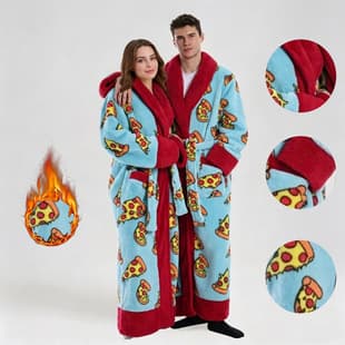 Autumn/Winter Unisex Cartoon Print Double-Sided Coral Fleece Long Bathrobe with Contrast Notched Collar, Tie Closure, Thickened and Warm
