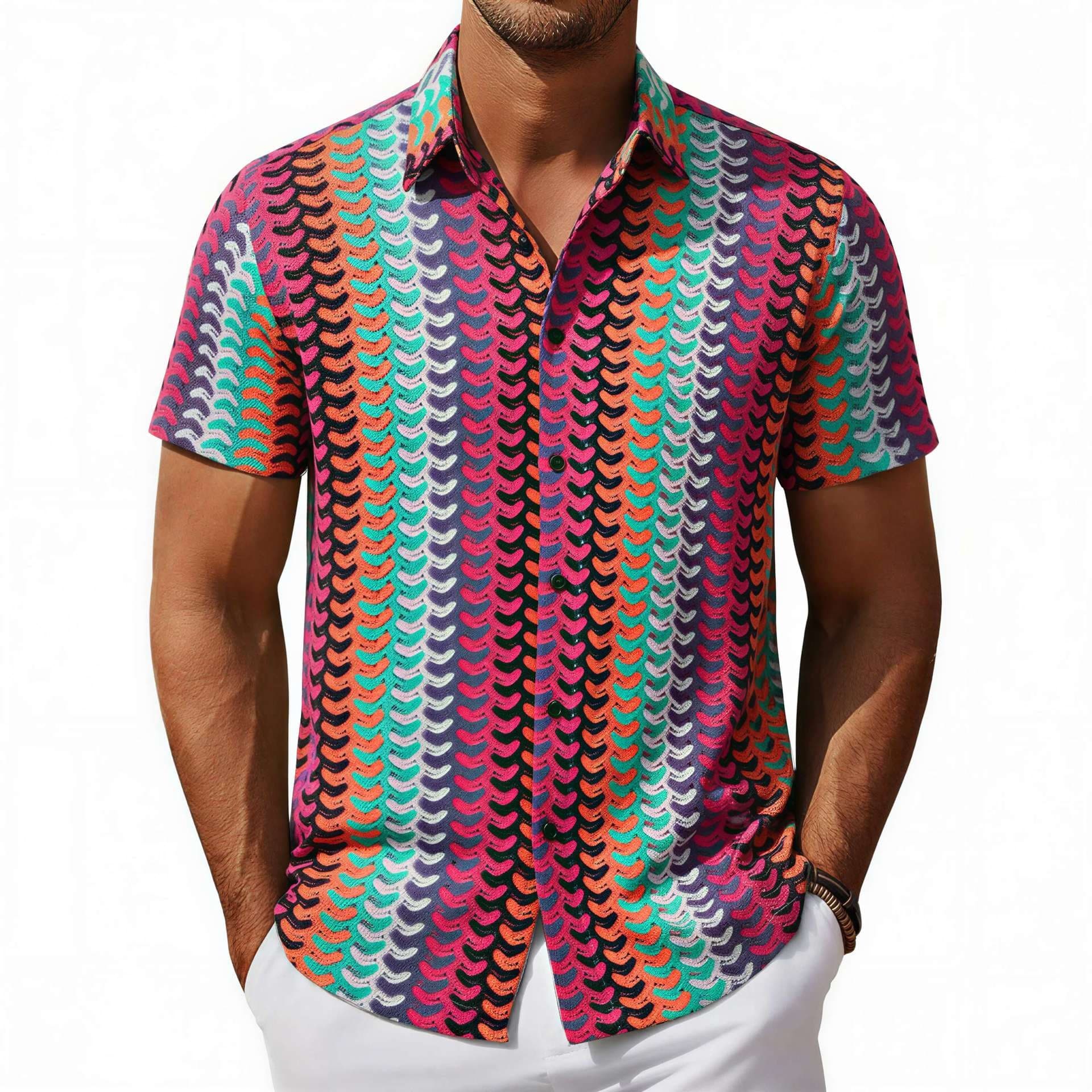 Summer lazy style contrasting wavy striped short-sleeved shirt European and American men's casual shirt cross-border men's clothing
