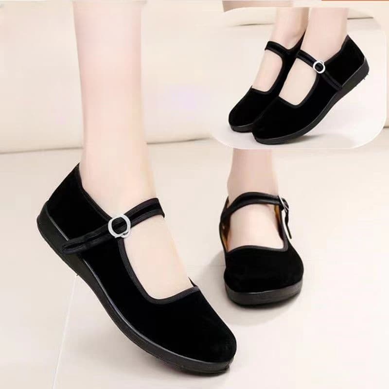 New Style Beijing Cloth Shoes Women's Mid-Heel Single Shoes Soft Sole Work Shoes Hotel Shoes Non-Slip Black Velvet Shoes