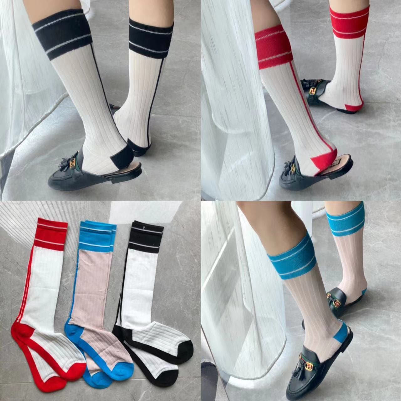 Korean-style back line color-block mid-calf socks, slouchy trendy socks, college-style knee-high socks, women's socks, drop shipping