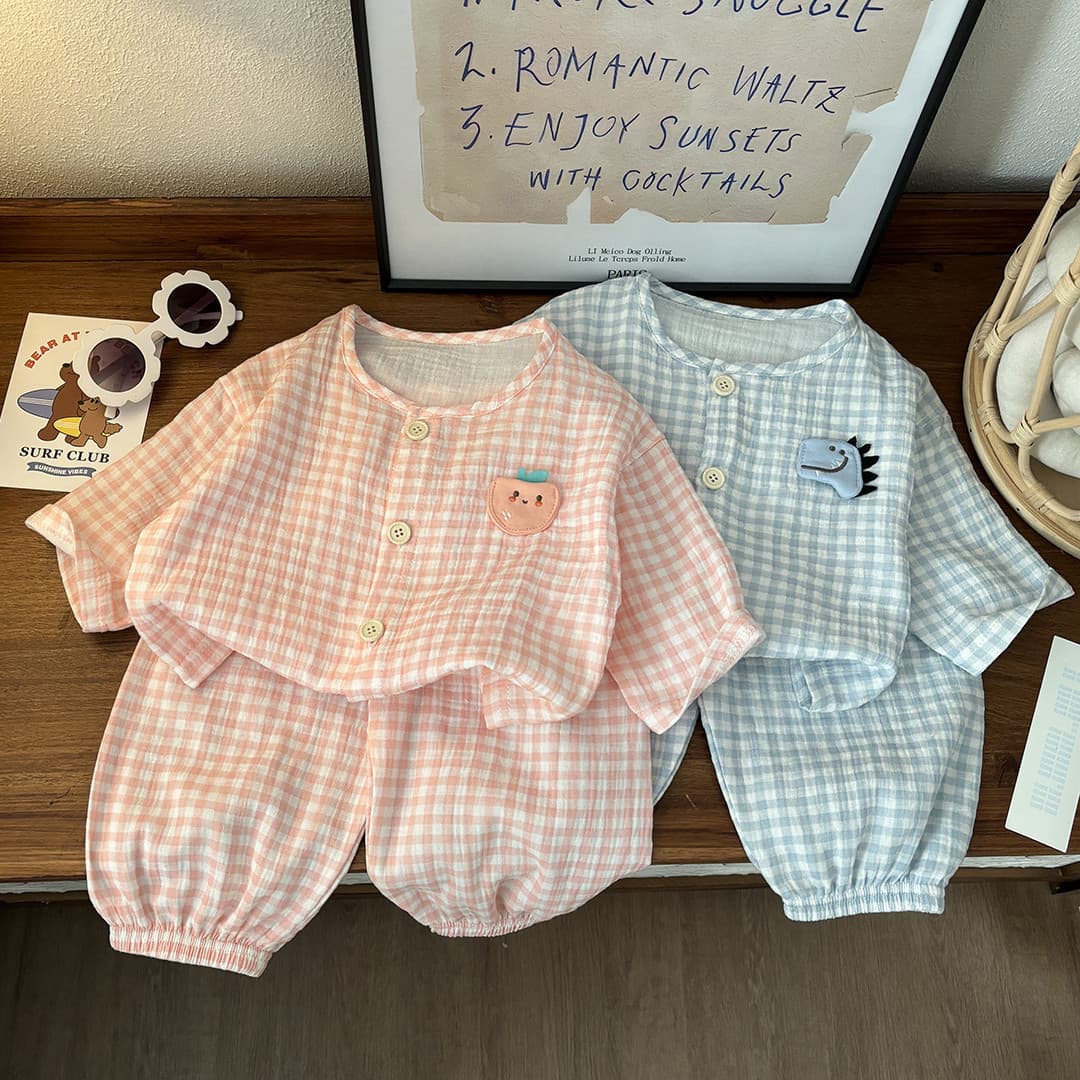 Children's Thin Double-Layer Cotton Gauze Pajamas for Boys Summer Homewear for Girls Long-Sleeve Lantern Pants Set