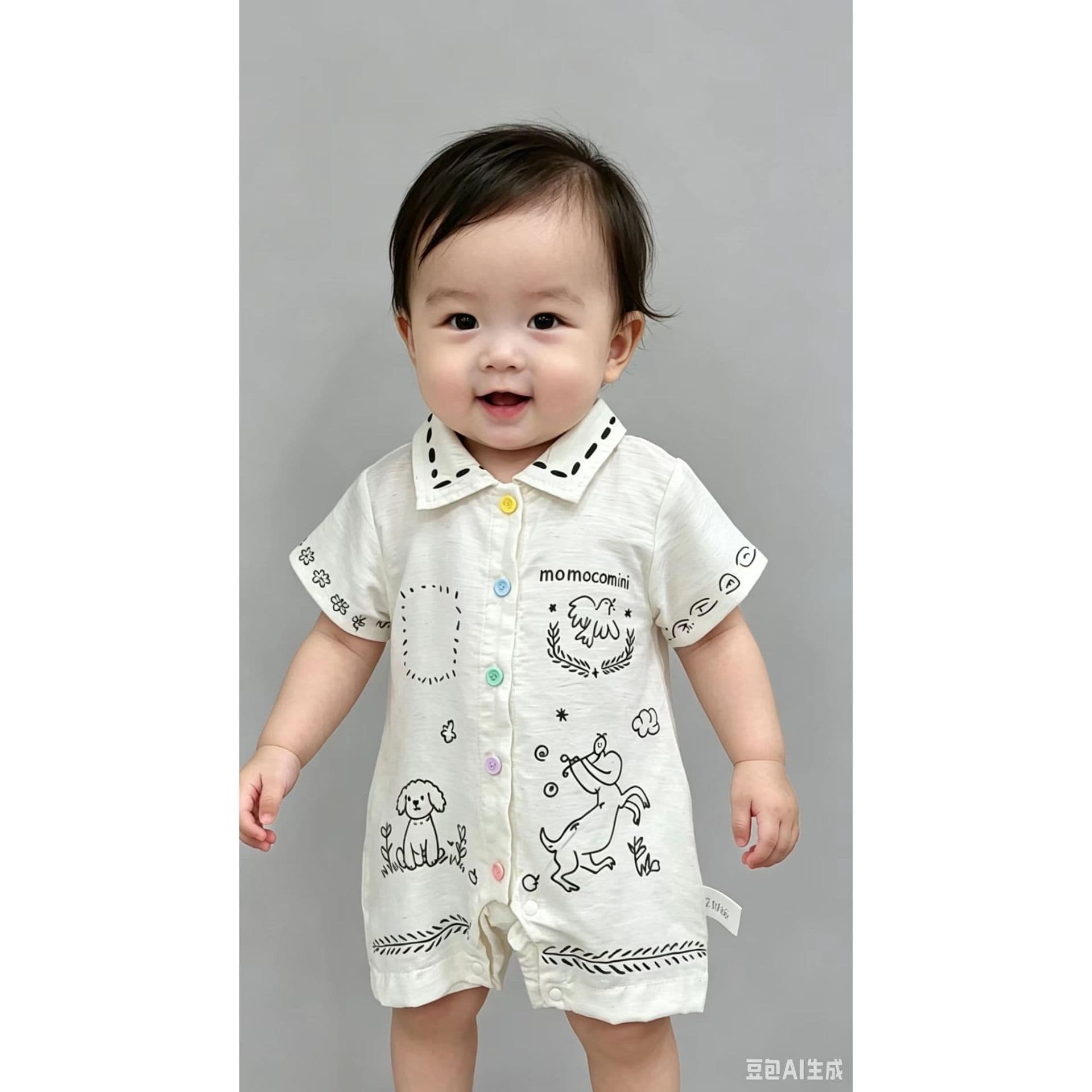 Boys summer new handsome baby short-sleeved cartoon denim shirt short one-piece summer children's one-piece clothes trendy