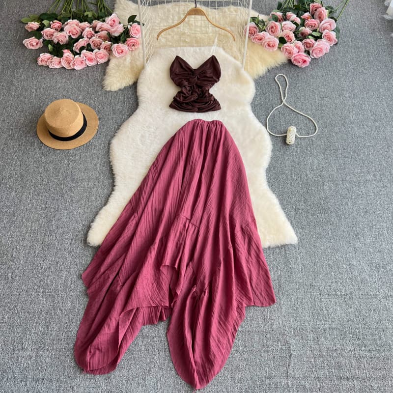 2026 French Vacation Style Vest Top Skirt Two-Piece Set Women Summer Irregular Flared Slim Fit Half Skirt Set