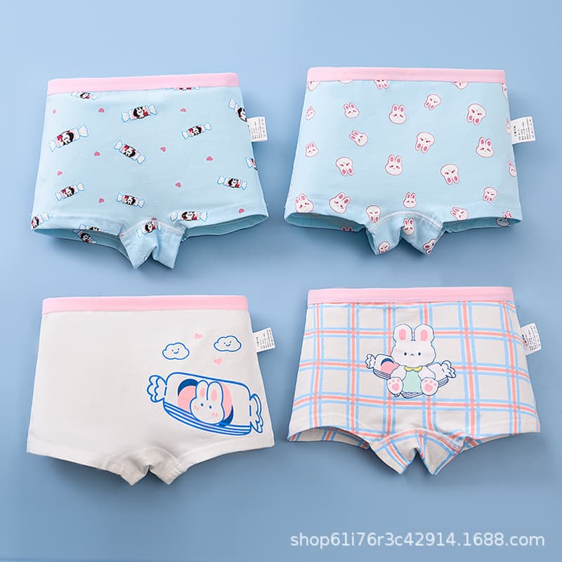 Cross-border Children's Cotton Boxer Briefs, White Pattern, Four-Corner Girl's Panties, Pure Cotton Class A Student Boxer Briefs for Girls