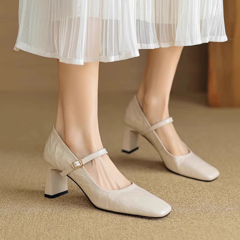 Genuine Leather Square Toe High Heel Mary Jane Chunky Heel Shoes for Women Spring Summer 2025