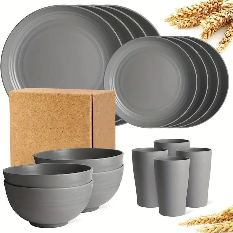 TEMU Hot-Selling 16-Piece Wheat Straw Bowl, Dish, Plate, Cup Plastic Utensil Set for Home Use