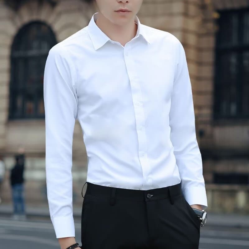 Spring/Summer Men's White Long-Sleeve Slim Fit Korean Style Dress Shirt