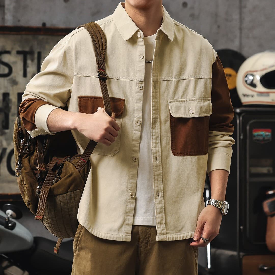 Workwear Design Patchwork Fashion Trend Long-Sleeve Casual Loose Fit Contrast Color Shirt for Spring/Autumn 2025