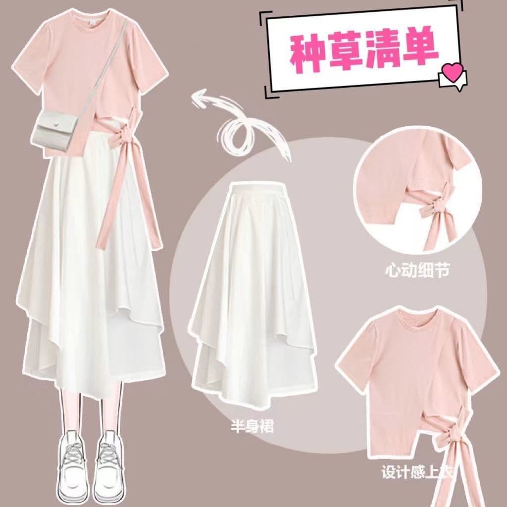 Fashionable Suit Skirt for Female Students, 2026 Summer New Style Short-Sleeved T-Shirt + White Skirt, Super Trendy Two-Piece Set