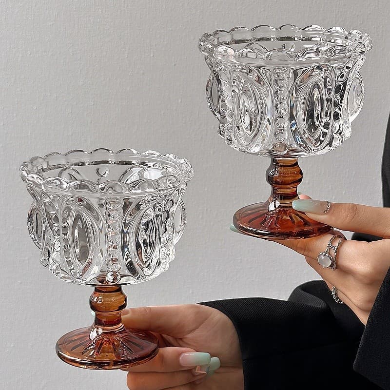 Ins style brown crystal ice cream dessert cup European style household medieval tall cup glass cup for women with good looks