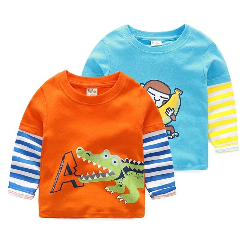 2023 Spring Boys Long Sleeve T-Shirt New Cartoon Long Sleeve Kids T-Shirt Fashion Casual Striped Spliced Top