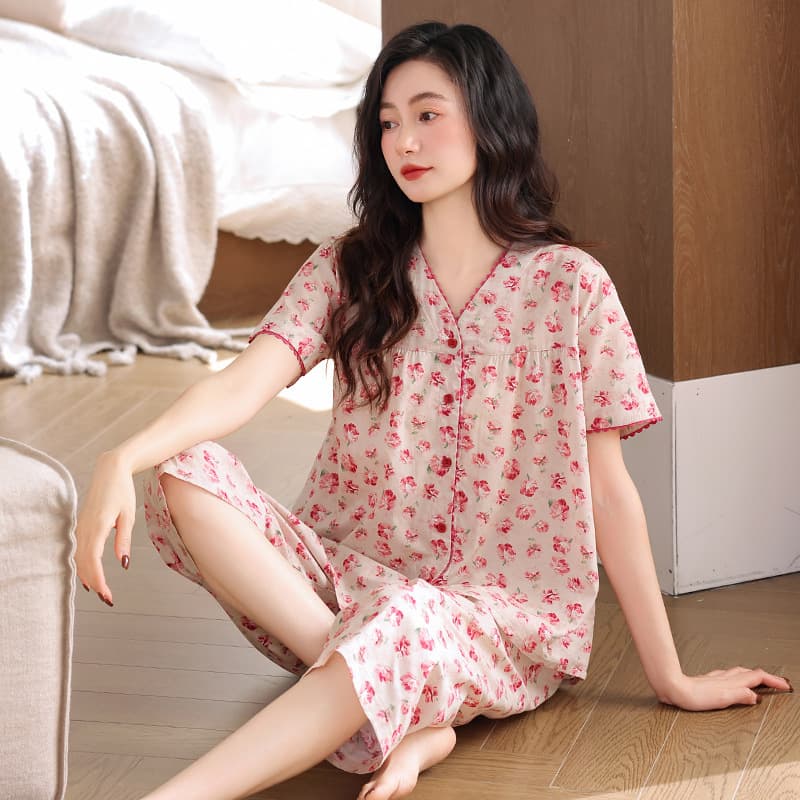 Woven Cotton Gauze Pajamas for Women Summer Pure Cotton Short-Sleeved Cropped Pants Thin Summer Cotton Mother's Home Wear Set