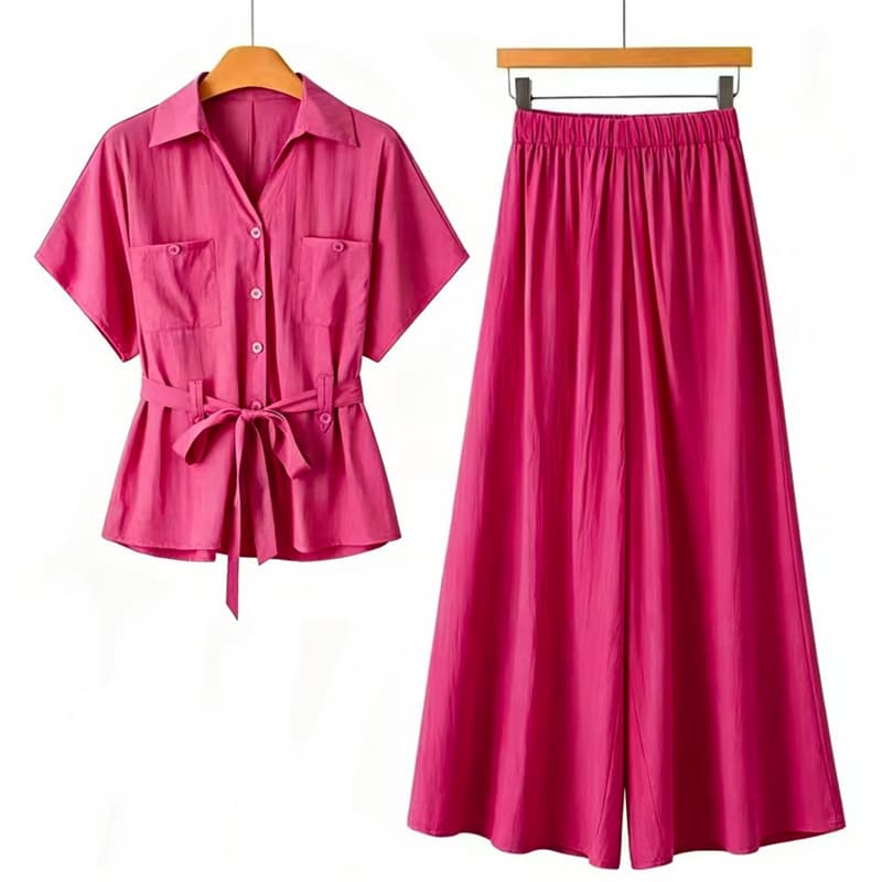 Korean Style Rose Red Drapey Shirt Set for Women 2026 Summer Loose Slimming Look Lapel Top Elastic Waist Wide-Leg Pants