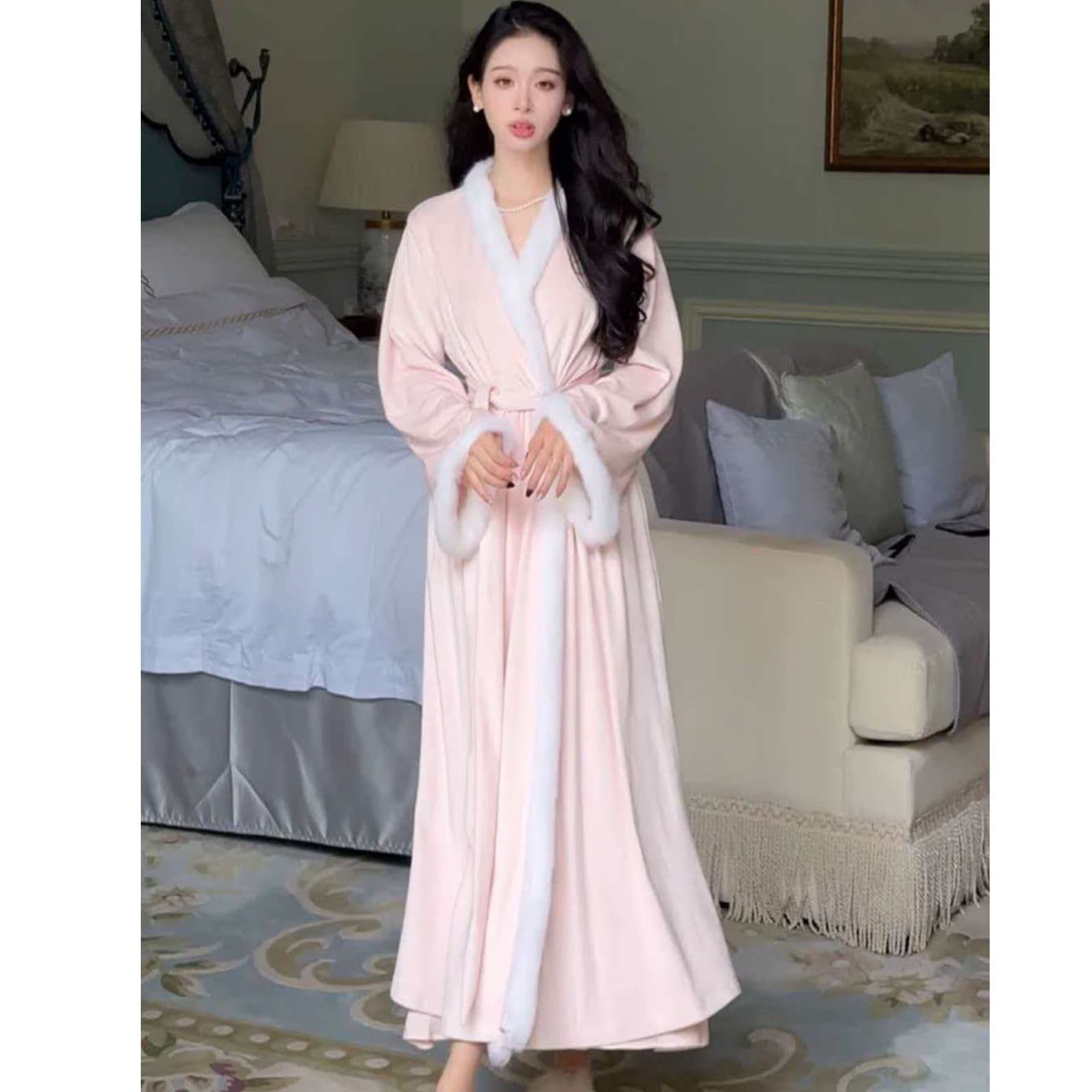 Sexy Nightgown for Women, Island Velvet Long Robe, Plush Robe, Warm Princess-Style High-End Loungewear