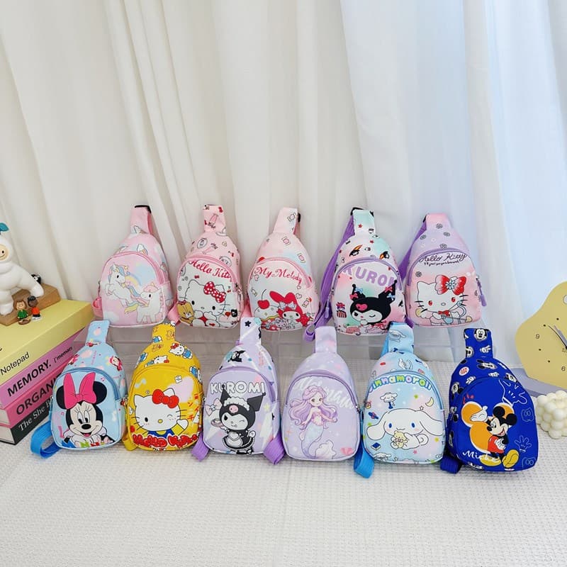 New children's chest bag, cute cartoon Kuromi, trendy and versatile kids' shoulder bag, crossbody bag, outdoor casual backpack.