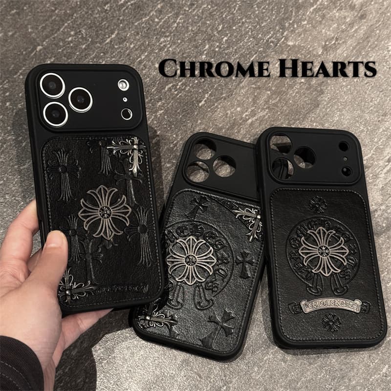 Streetwear 3D Metal 17 Pro Max Leather Phone Case iPhone 16 Pro Chrome Hearts 15 Shockproof Cover Cross-Border