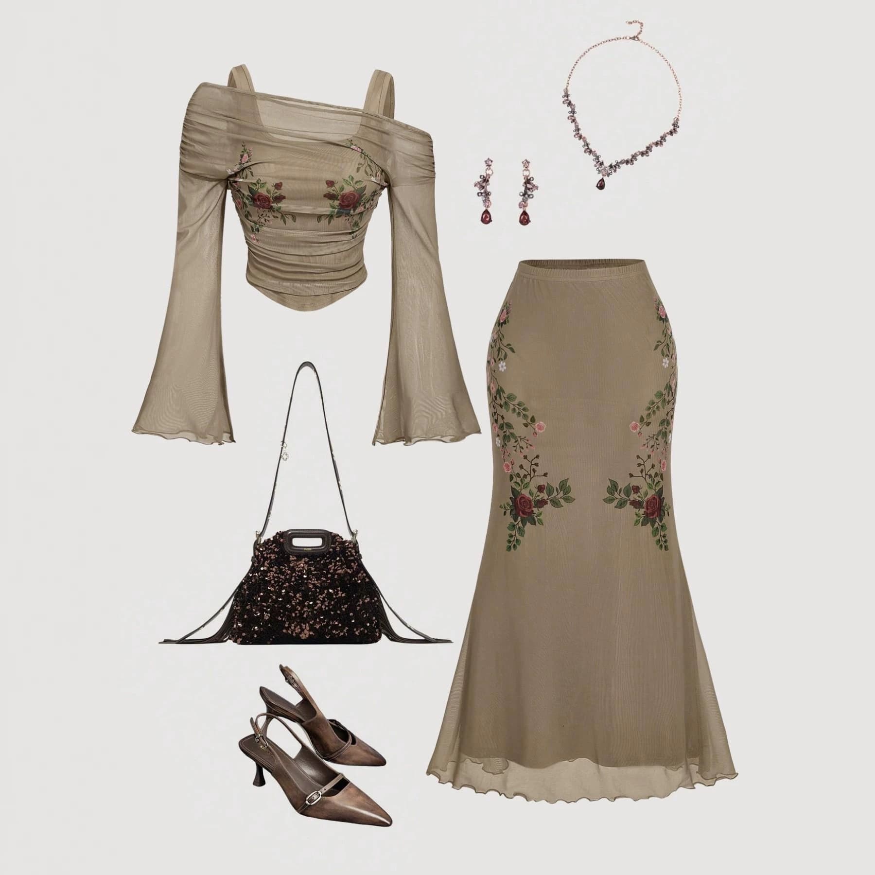 European and American French retro slim-fitting embroidered short top, high-waisted fishtail half-length skirt, gentle date wear two-piece set