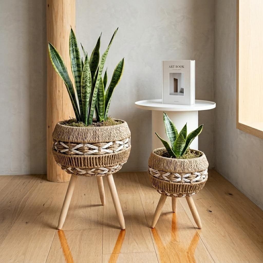 Nordic Style Rattan Woven Flower Pot for Indoor Balcony Living Room Plants, Green Ivy, Handmade Wooden Tall Floor-Standing Flower Pot