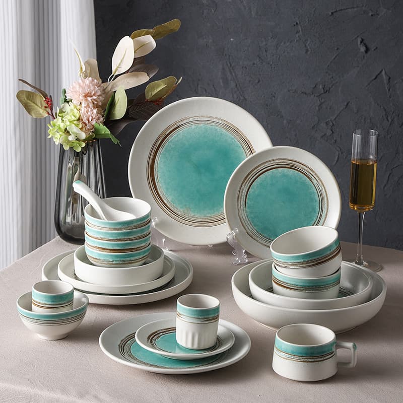 Japanese Minimalist Household Ceramic Dinnerware Set: Rice Plate, Shallow Plate, Spoon, Cup, Retro Hand-painted Ink Ceramic Plate