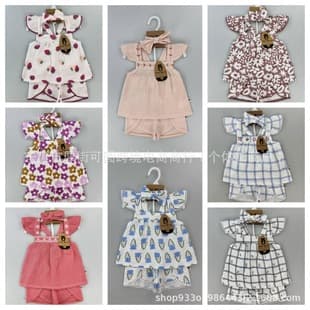 Export Short Sleeve Pants Set Baby Girl Summer Thin Baby Clothes Set Versatile with Bow Tie Direct Supply