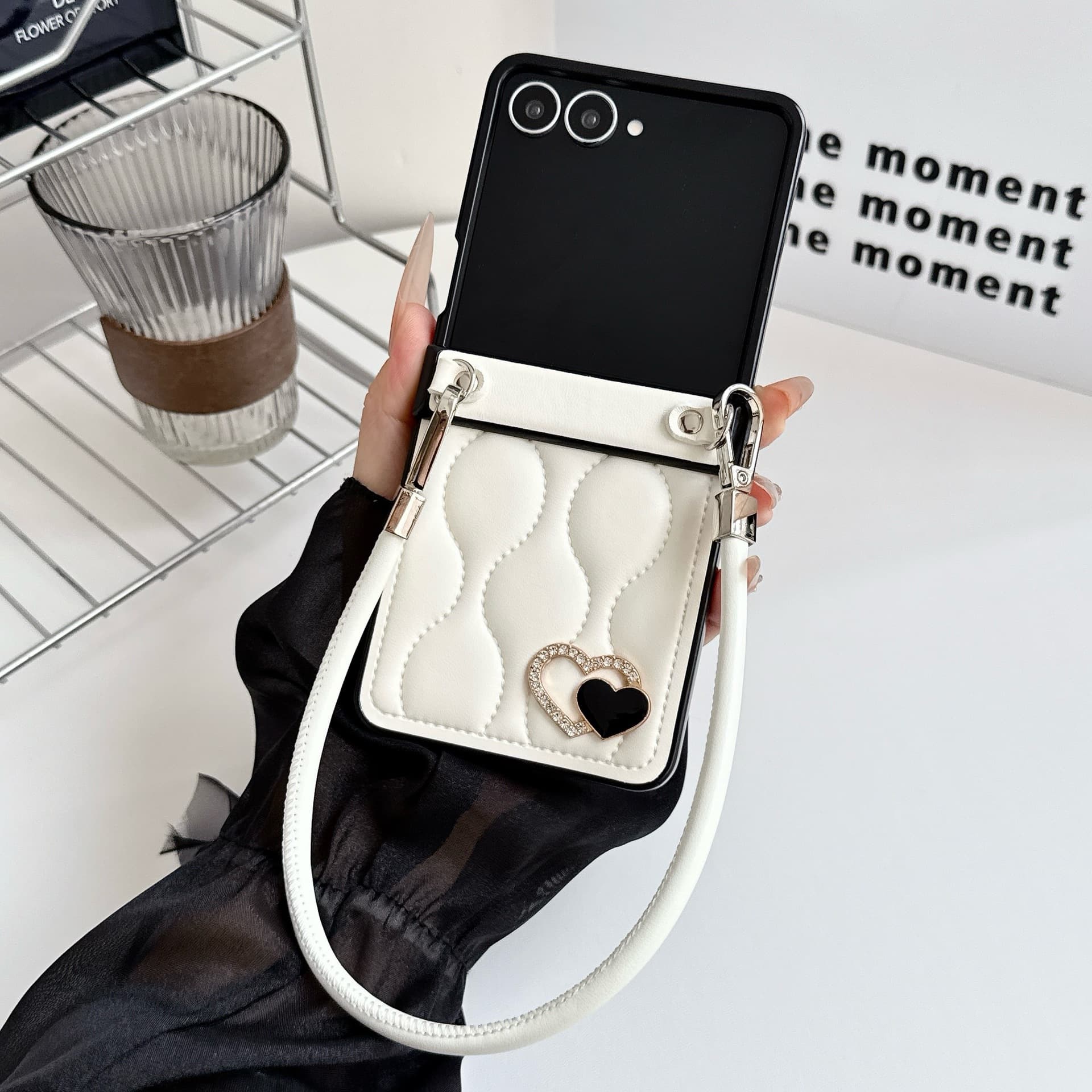 Compatible with Samsung Z Flip 8 Phone Case New Flip 7/6/5 Heart Wave Hand Strap Leather Folding Protective Cover