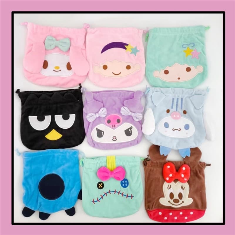 Cute Cartoon Kuromi Plush Storage Bag for Women's Sanitary Napkins, Drawstring Bag, Power Bank, and Cosmetic Bag
