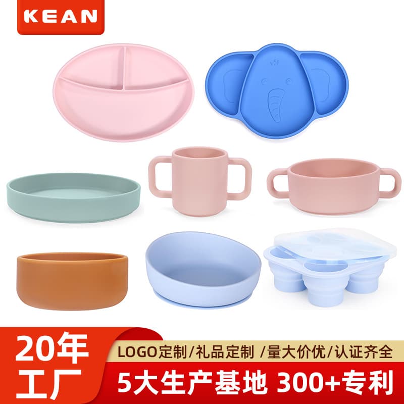 Custom Silicone Suction Bowl Divided Plate Toddler Training Cup Baby Food Bowl Wooden Handle Fork Spoon Children's Tableware Manufacturer