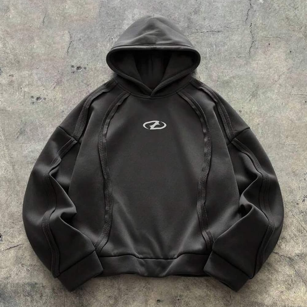 Y2K New Trendy Cross-Border Geometric Pattern Print Striped Patch Loose Versatile Casual Hooded Pullover Sweatshirt