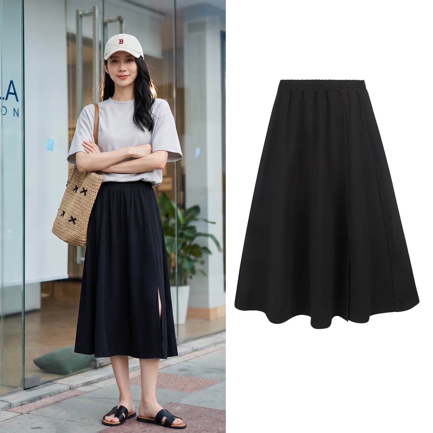 Black Midi Skirt for Women, Autumn High-Waist Slit French Vintage Hip-Covering Slimming Loose A-Line Long Skirt
