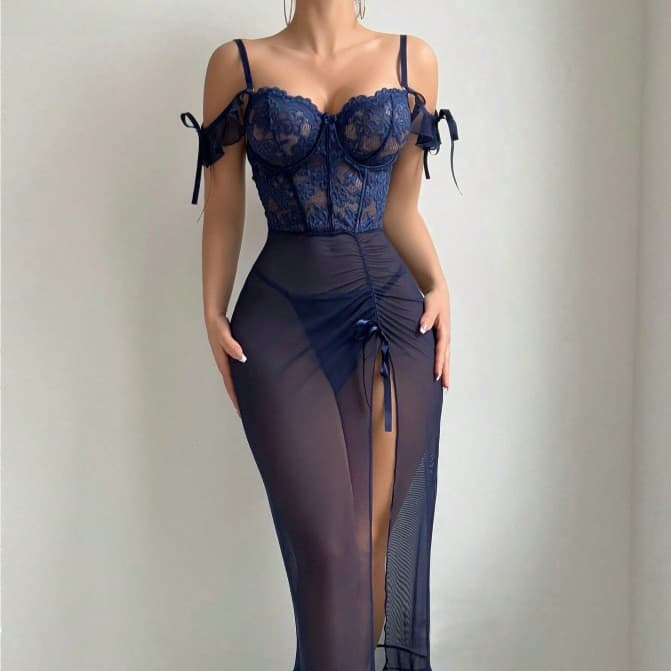 European and American foreign trade cross-border large size sexy lingerie sexy lace gathered suspender nightgown mesh slit temptation long skirt