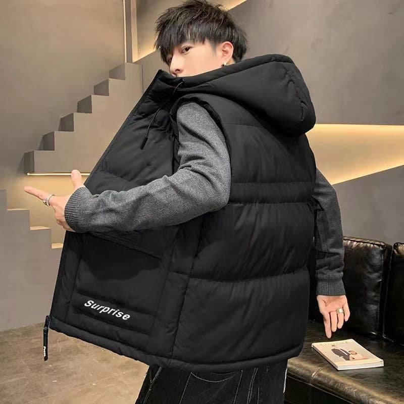 Down Cotton Vest for Men, Winter New Thickened Sleeveless Jacket, Youth Korean Style Hooded Warm Vest Jacket