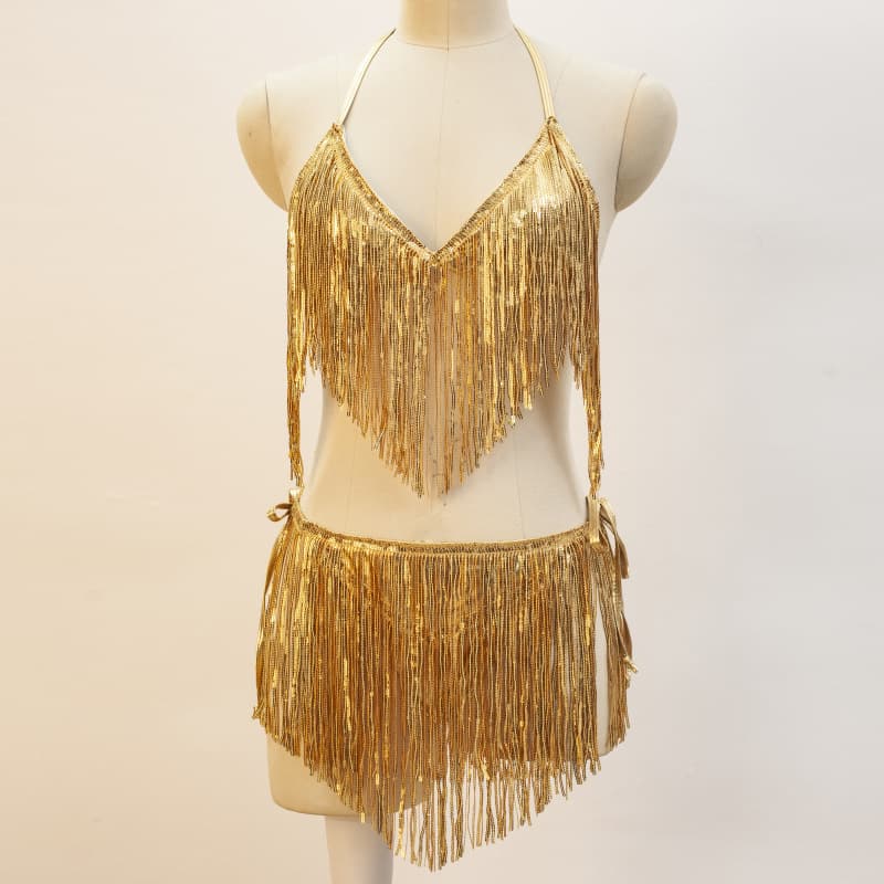 Halloween Belly Dance Costume Sequin Fringe Short Set Bikini Performance Outfit 3MM Sequin Set
