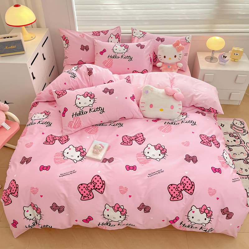 HelloKitty Cotton Printed 4-Piece Set Official Sanrio Cute Cartoon Pure Cotton Bedding 3-Piece Set Nantong