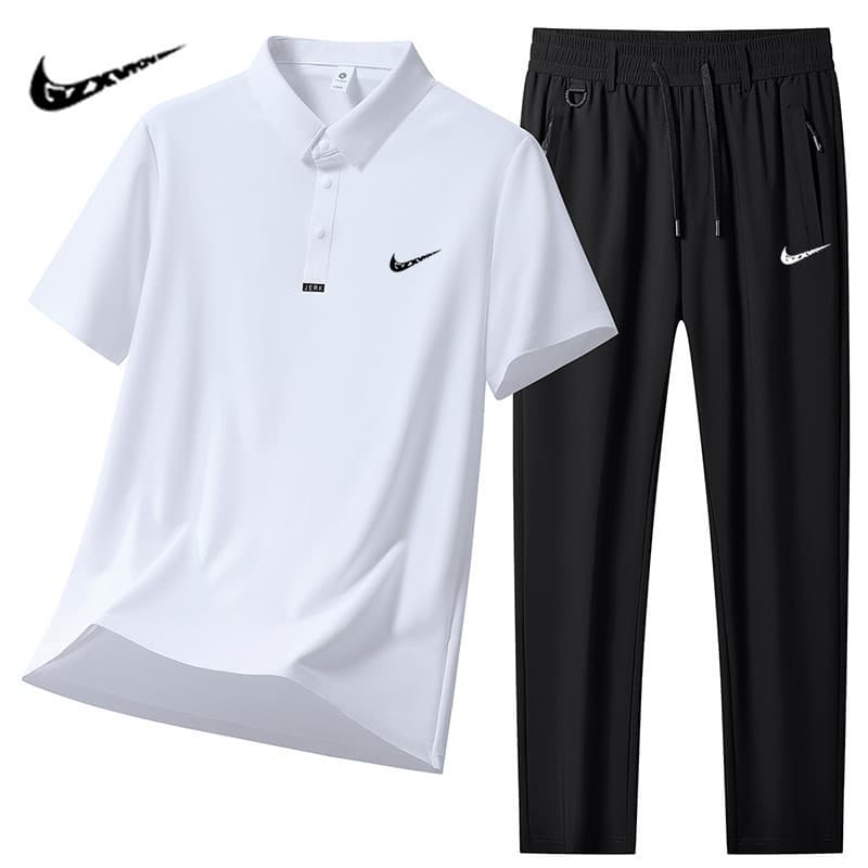 Ice Silk Sport Suit for Men, Summer Thin Breathable Quick-Dry Polo Shirt Short Sleeve with Long Pants, Casual Two-Piece Set