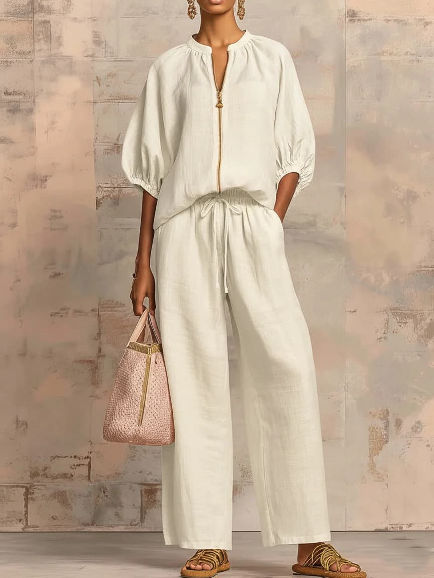 2026 Spring/Summer New European and American Cross-border Amazon Loose Casual Vacation Style Zip Round Neck Wide Leg Set