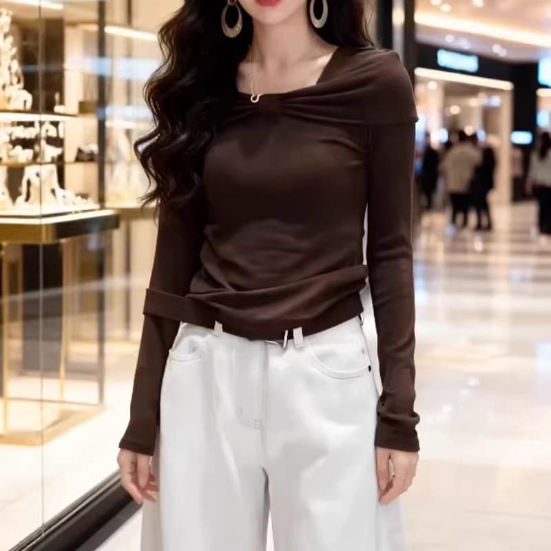 Fashionable Twisted Long-Sleeve T-Shirt for Women 2026 Spring New Plus Size Slimming Versatile Top